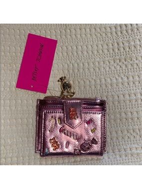 Betsey Johnson Metallic Pink Wristlet Keychain Pouch with Gold Charm